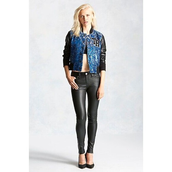 New NWT $448 Womens True Religion Varsity Leather Sequin Jacket XS Blue Black - Picture 1 of 8